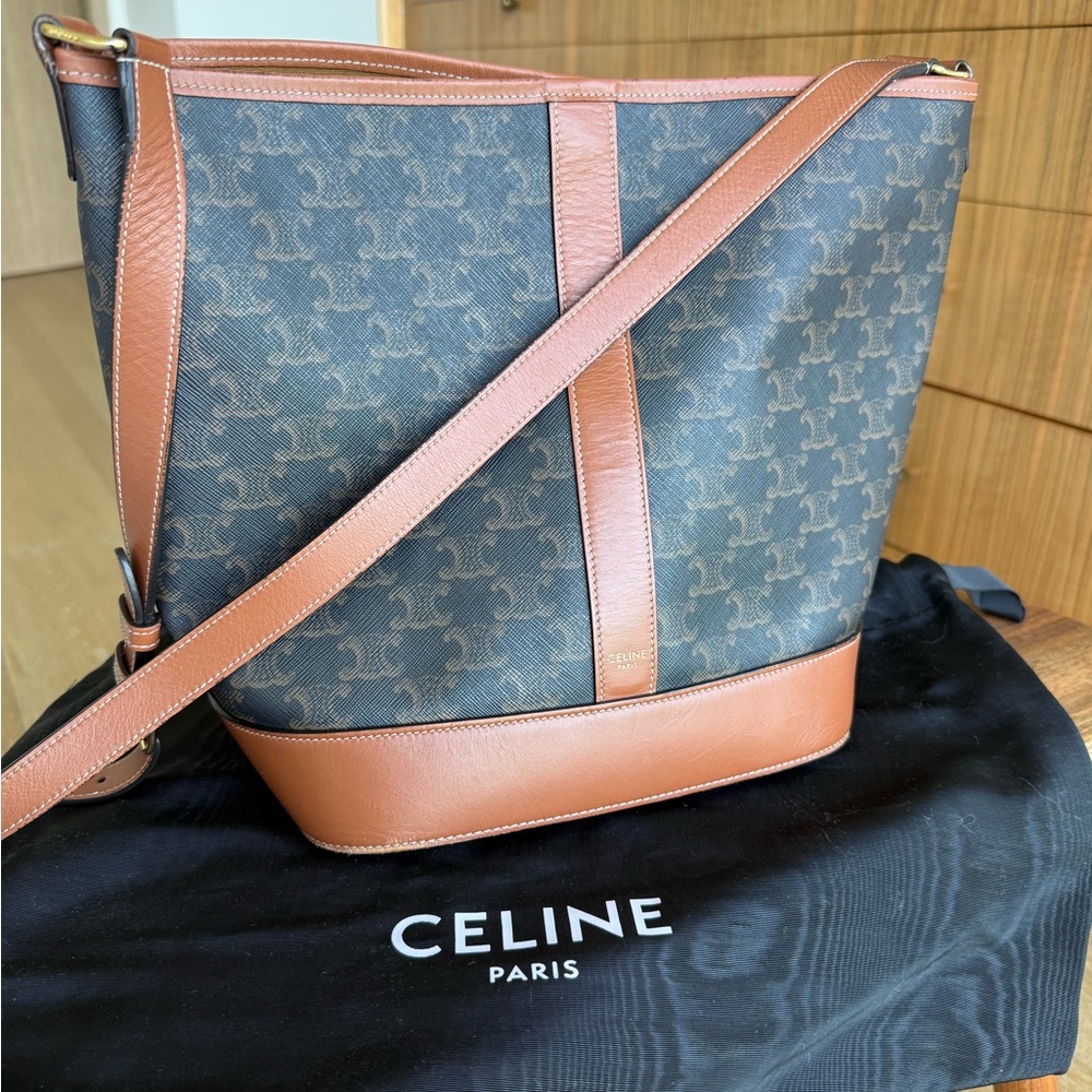 Celine Medium Bucket in Triopmhe Canvas and Calfskin - Picture 2 of 9